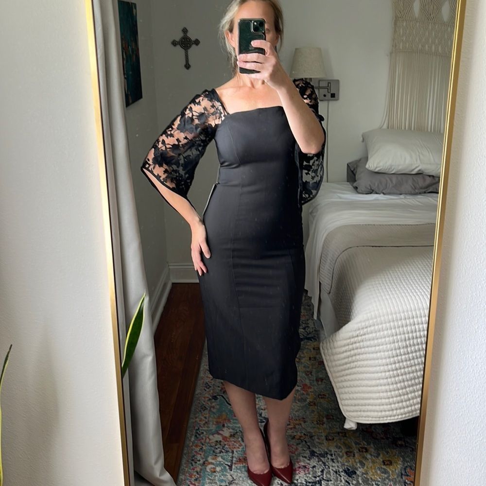 JS Collections Midi Dress Womens Size 6 Black Square Neck Sheer Floral Sleeves